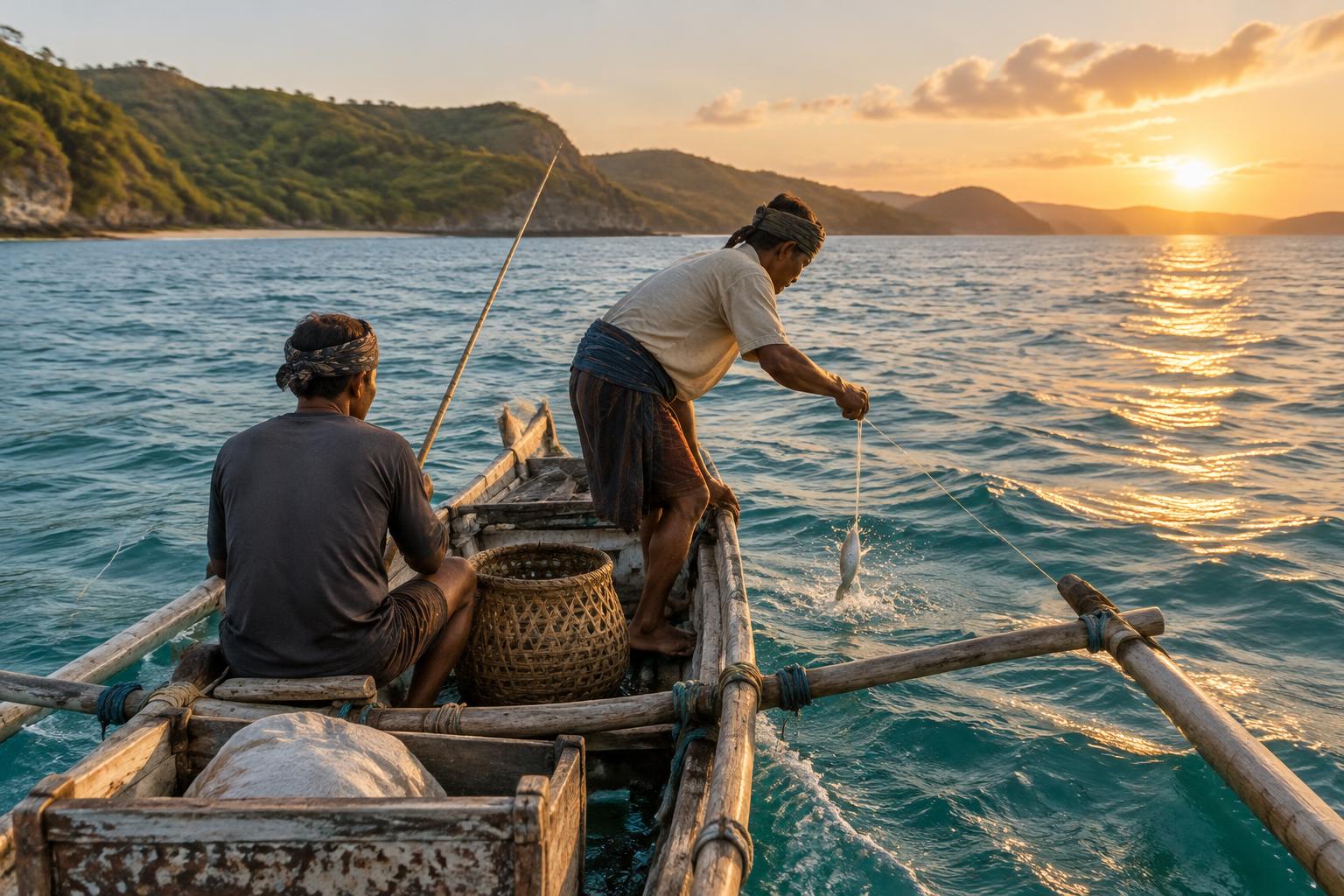 Two men fishing from a traditional Sumba outrigger boat at sunset