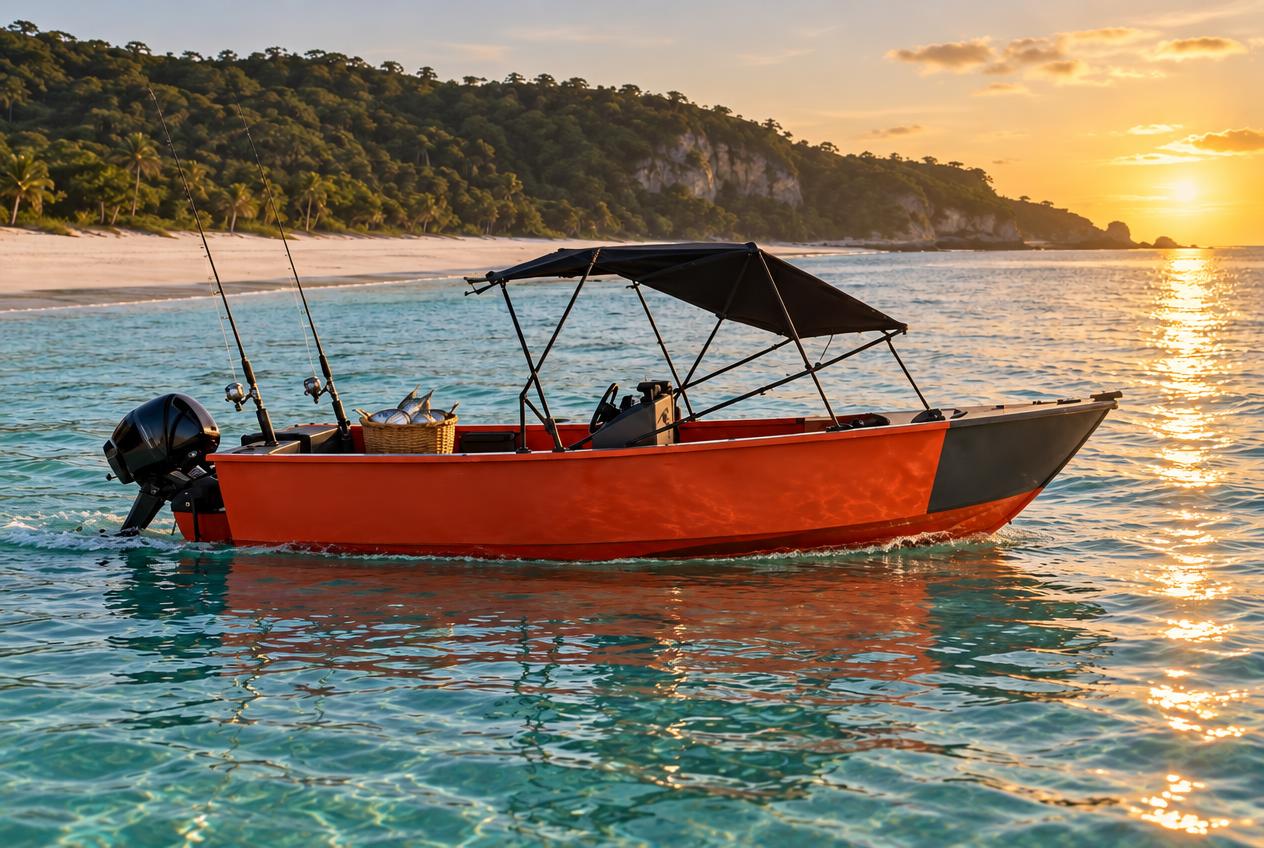 Our modern orange and charcoal fishing boat with a basket of fresh catch on turquoise water off a Sumba beach