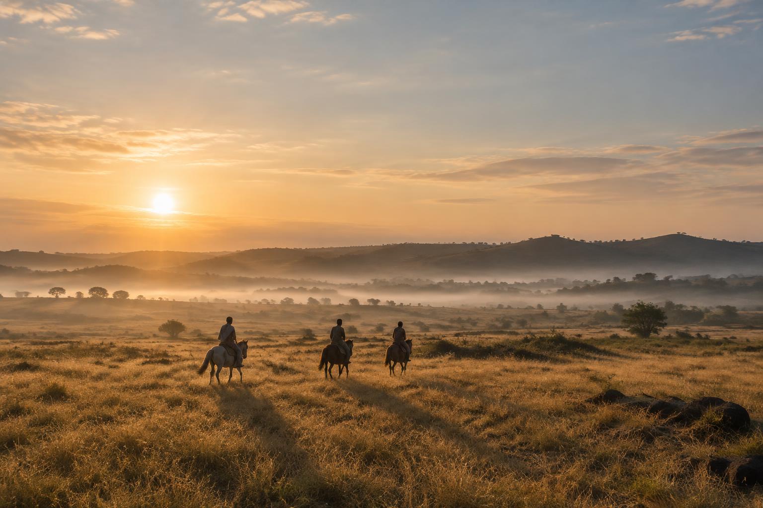 Three riders on Sumba horses crossing open savanna at sunrise