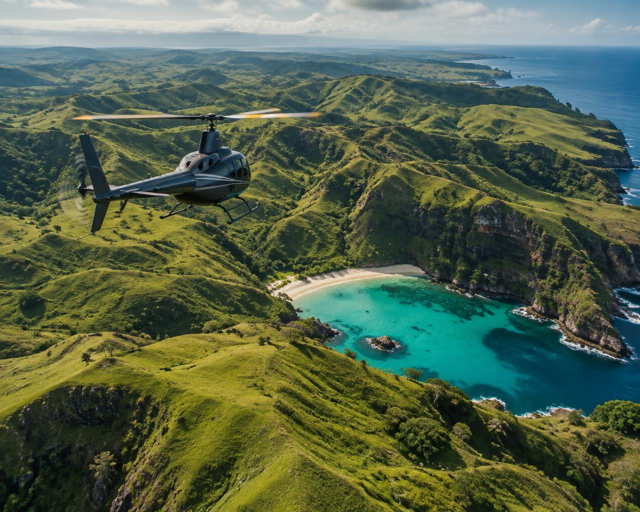 Helicopter over the hills and bays of Sumba