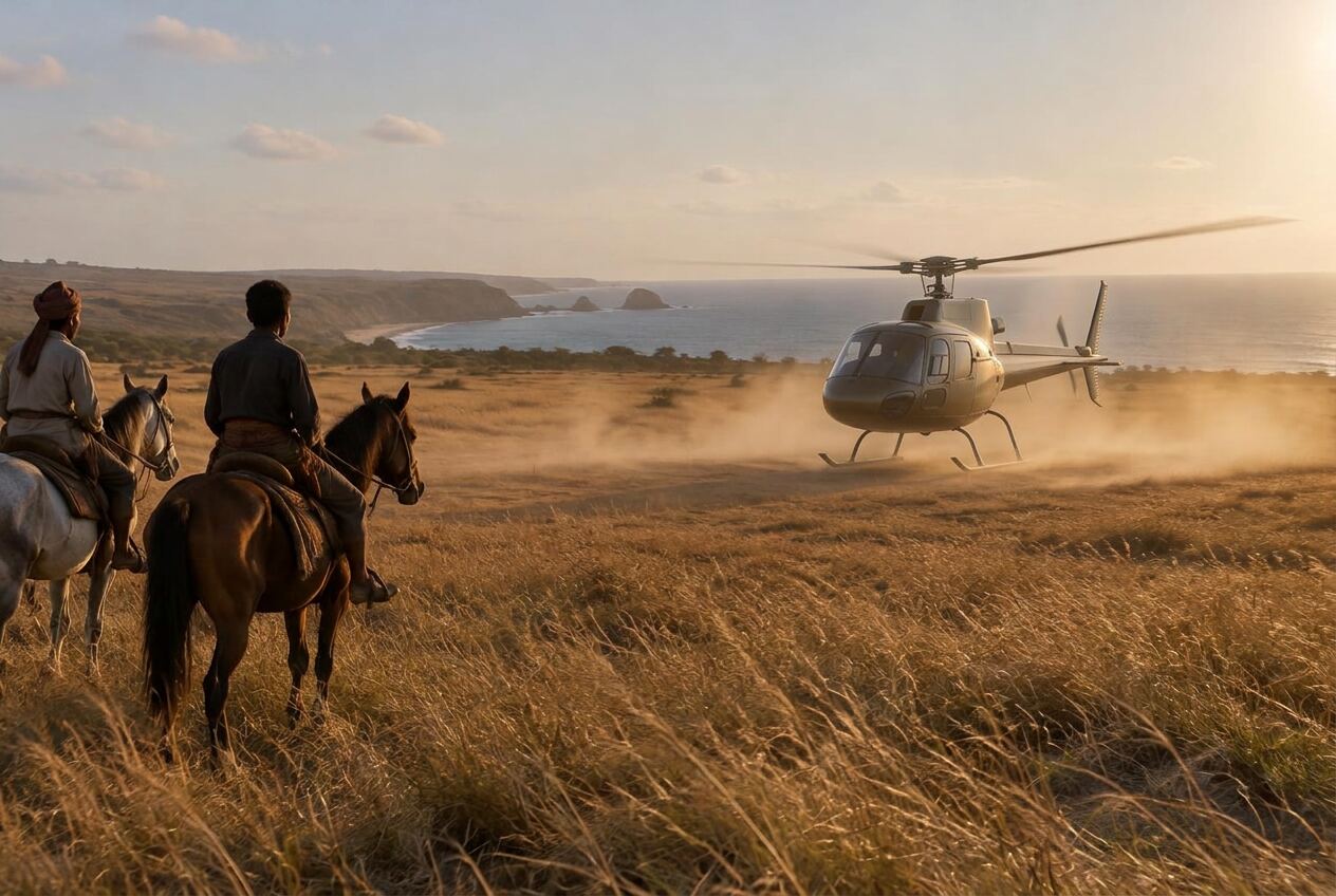 A helicopter touching down on the savanna while riders on horseback watch