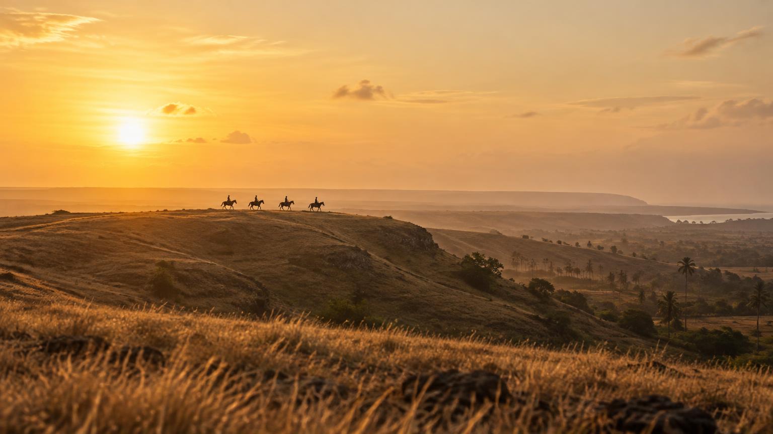 Four tiny rider silhouettes on horseback on a distant savanna horizon at dusk